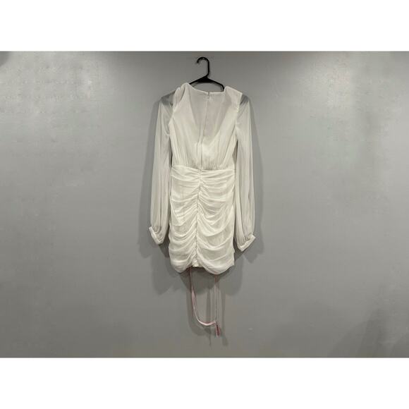 Mac Duggal 26655 White Long Blouson Sleeve Ruched Mini Dress Sz 4 - Picture 7 of 9